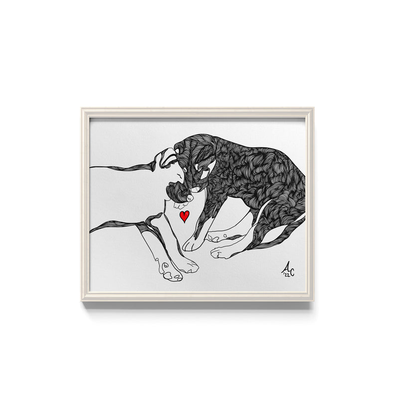 Framed black and white illustration of two puppies sleeping with a red heart.