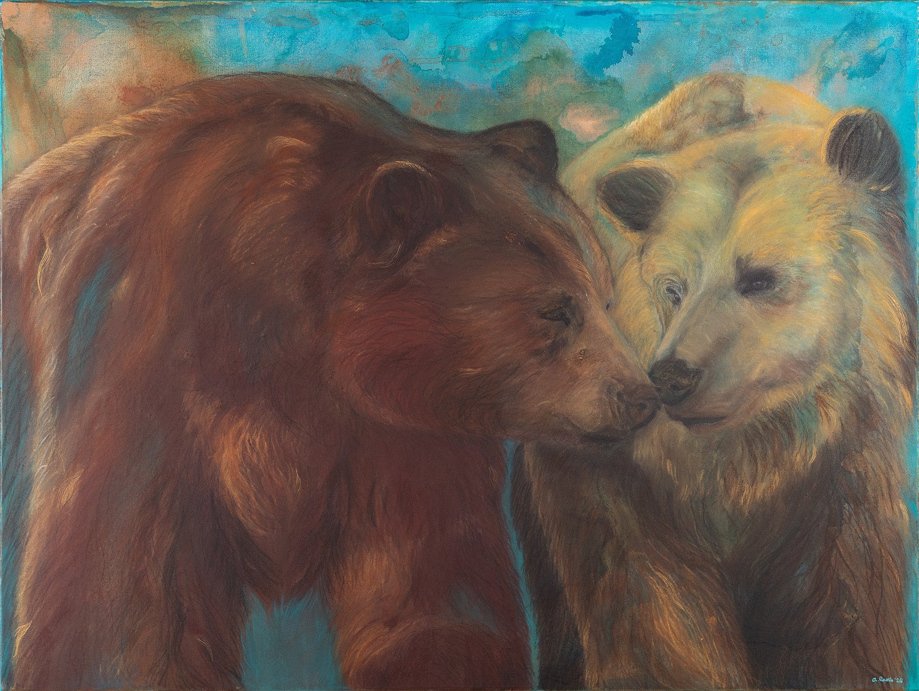 A painting depicting two bears, one brown and one light cream/beige, standing close together against a textured blue and teal background.