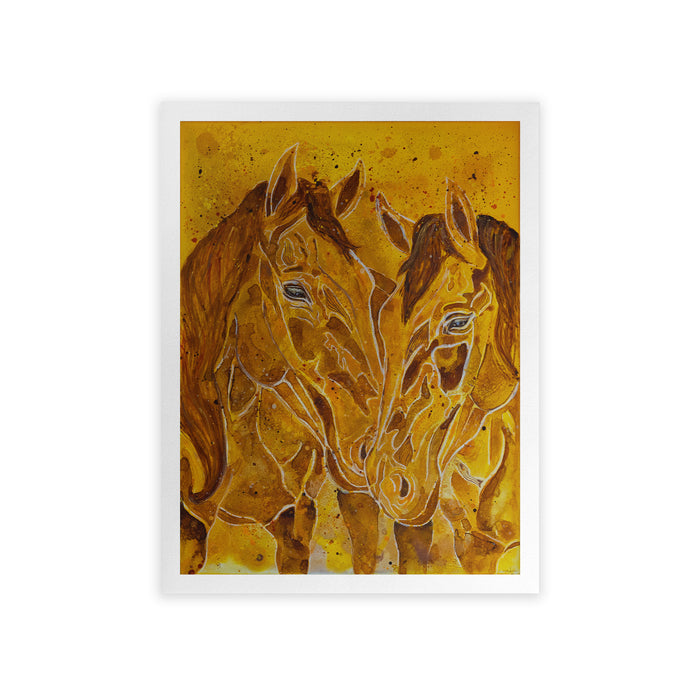 Artwork of two yellow horses on a yellow background
