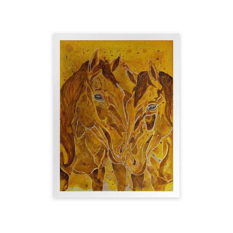 Artwork of two yellow horses on a yellow background
