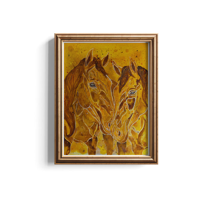 Frame artwork of two yellow horses on a yellow background