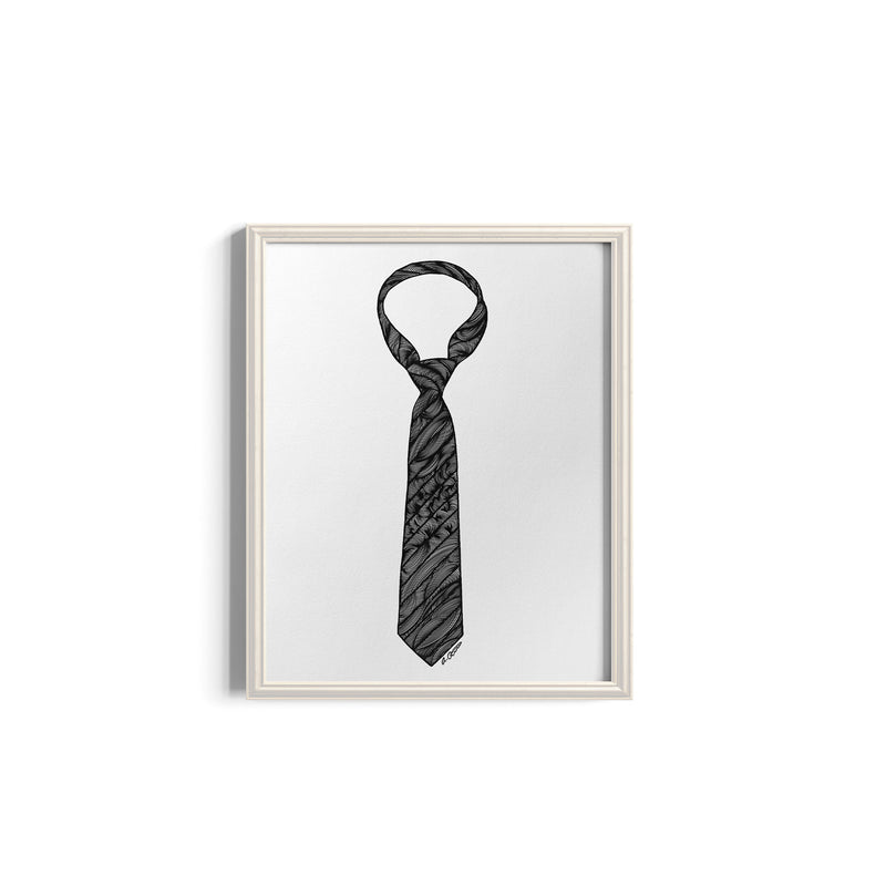 Framed artwork of a black and white striped tie on a white background