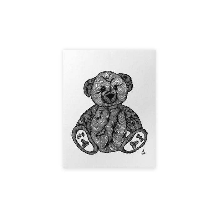 Black and white illustration of a teddy bear on a white background