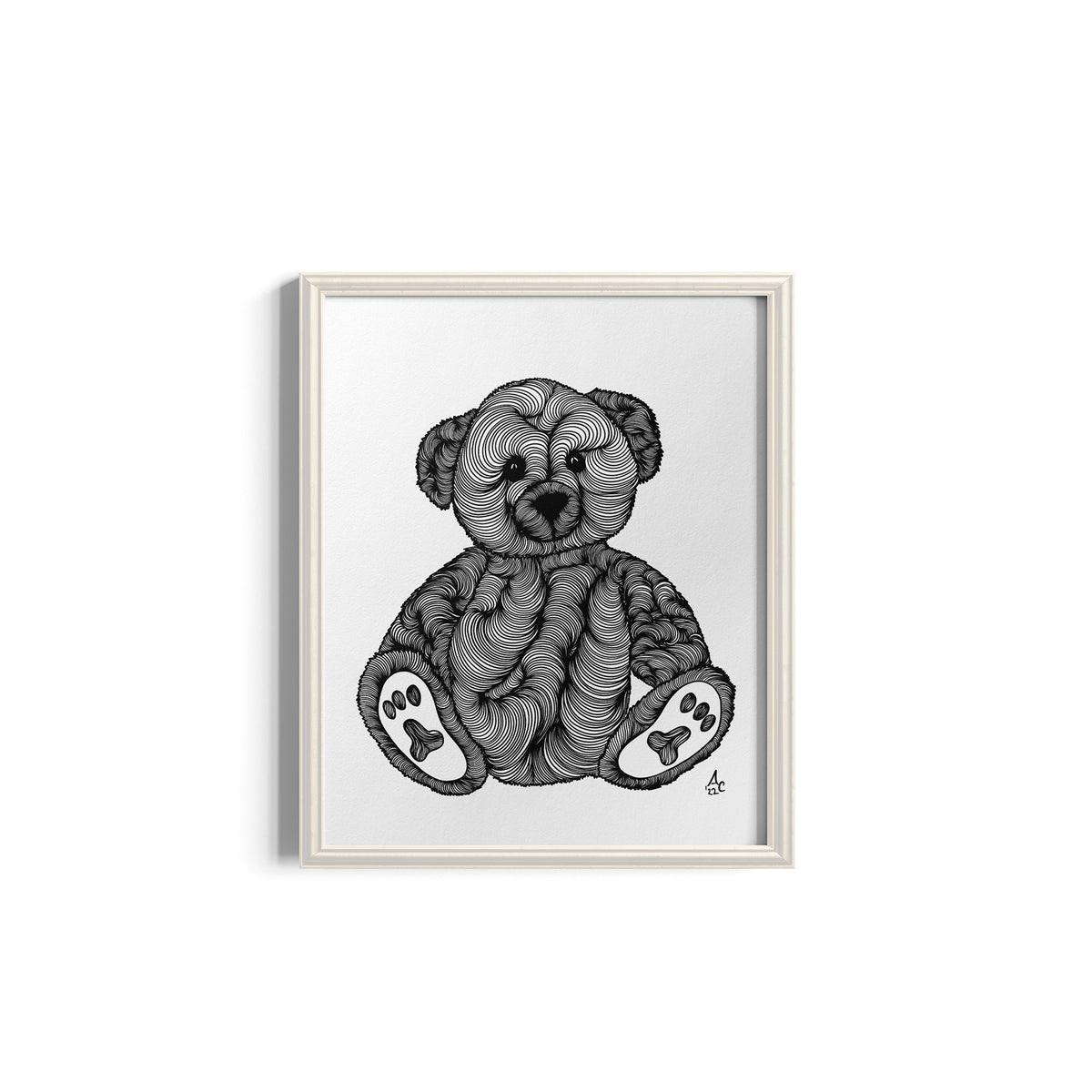 Framed black and white illustration of a teddy bear on a white background