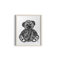 Framed black and white illustration of a teddy bear on a white background