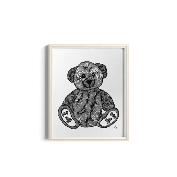 Framed black and white illustration of a teddy bear on a white background