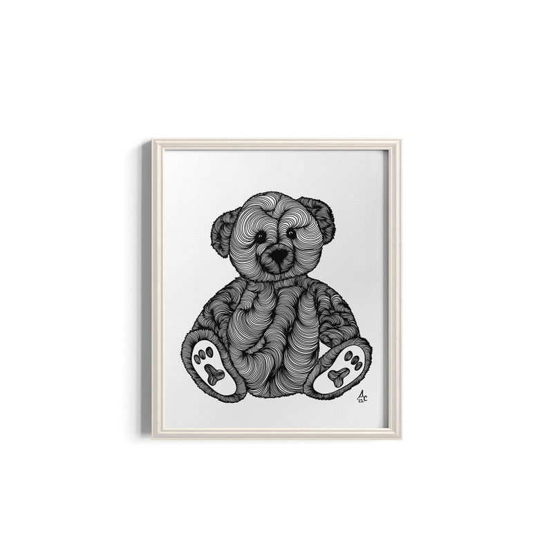 Framed black and white illustration of a teddy bear on a white background