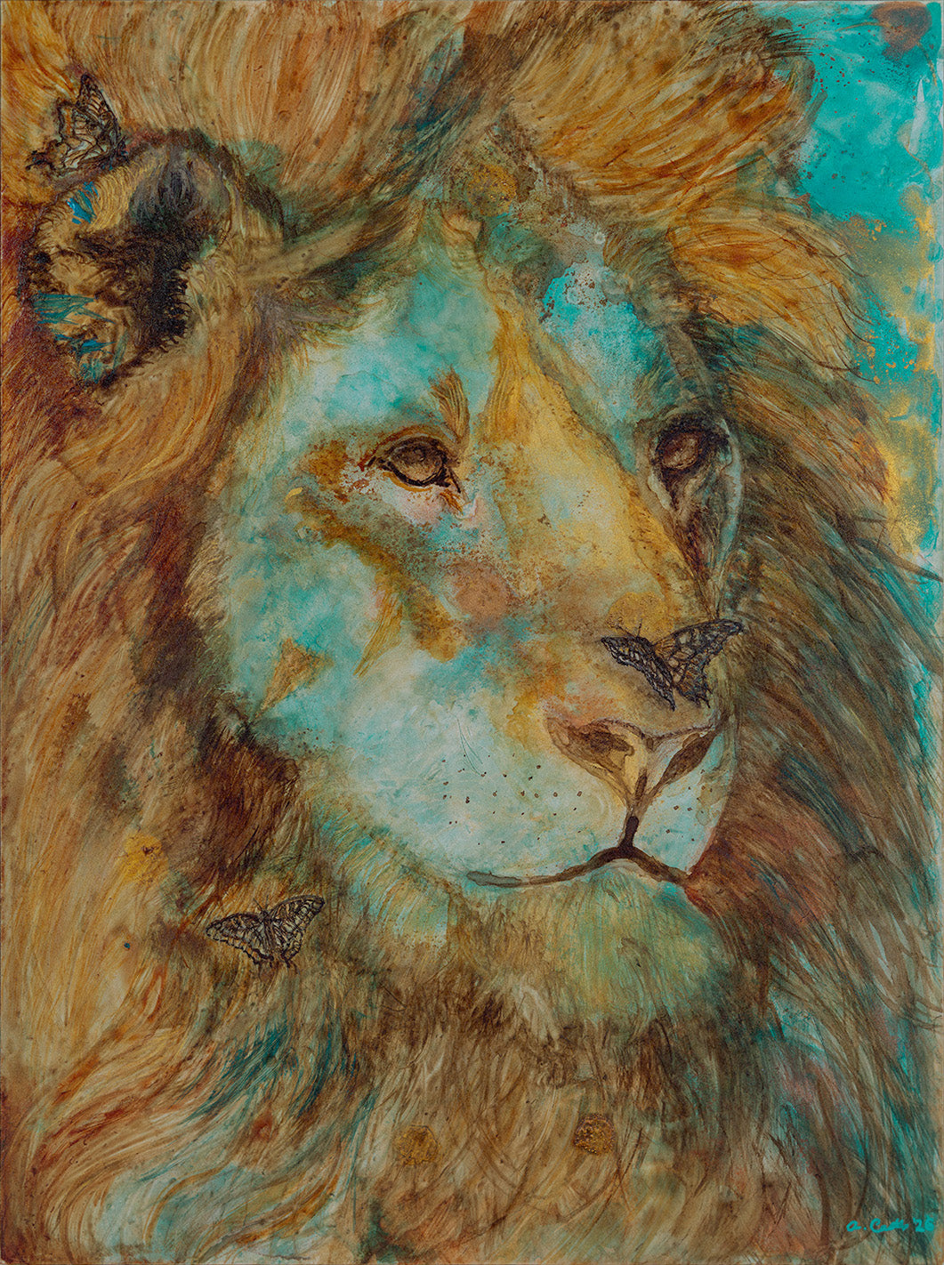 A painting of a lion's face and small butterflies with a turquoise and teal face, golden-brown mane, and small butterflies on a teal background.