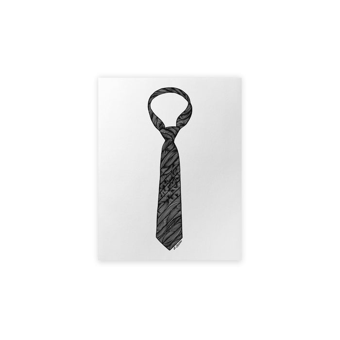 Black patterned tie art print on a white background