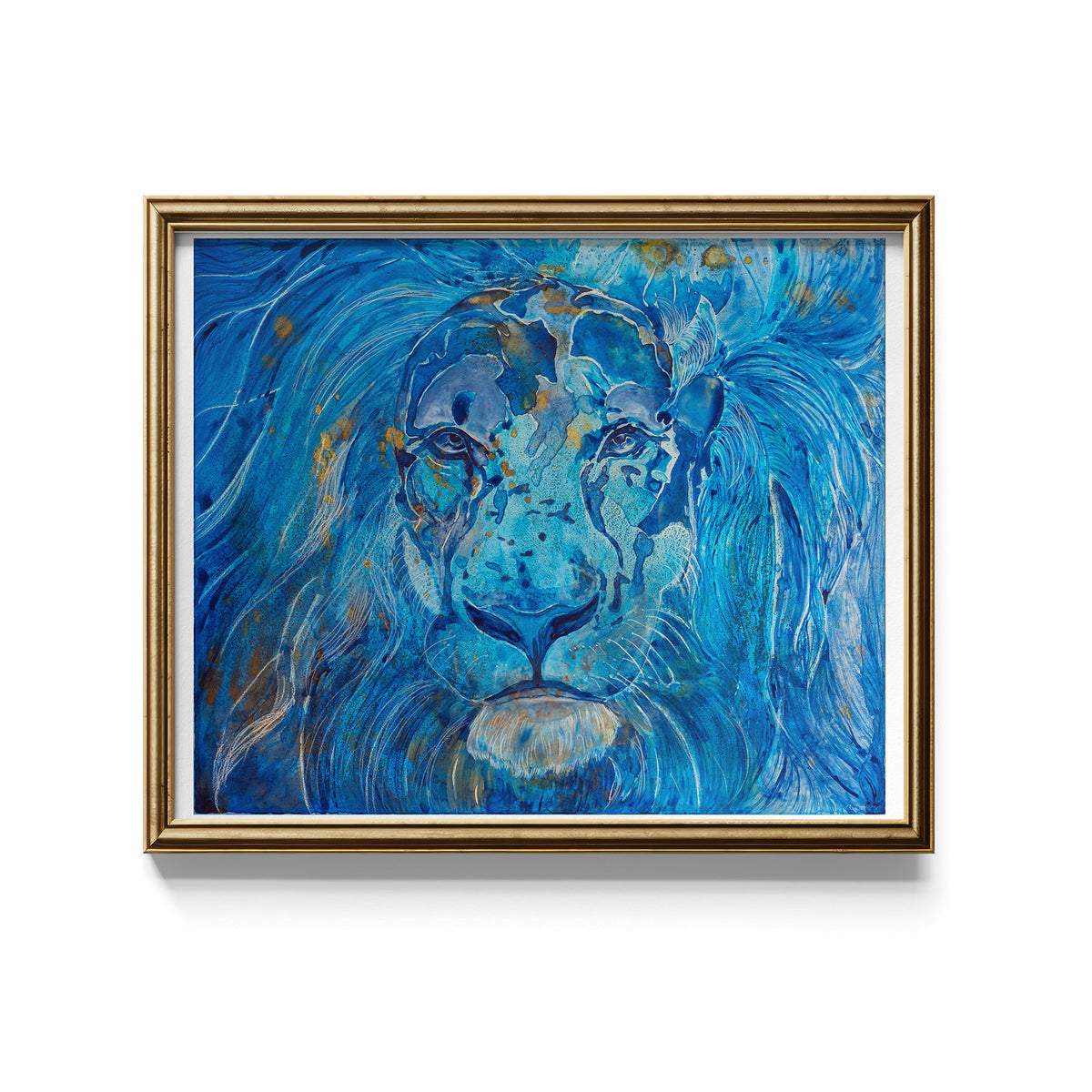 Framed art print of a lion in blue tones with metallic touches