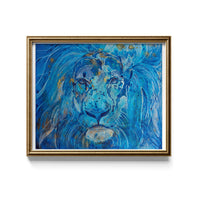 Framed art print of a lion in blue tones with metallic touches