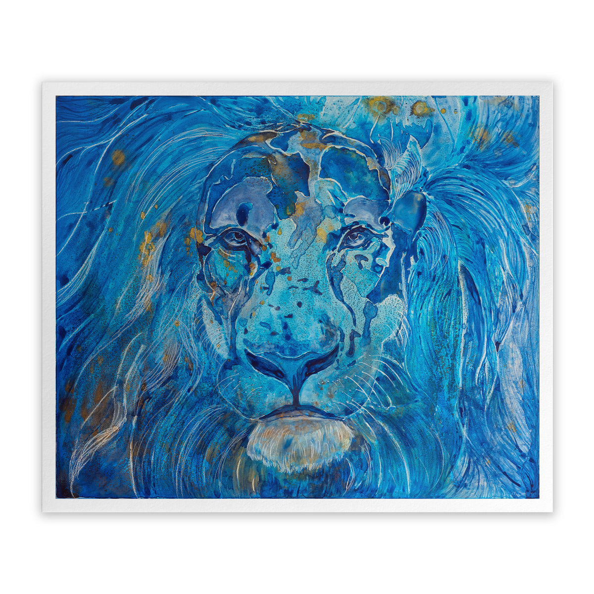 Artistic depiction of a lion's face with blue tones and metallic touches