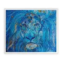 Artistic depiction of a lion's face with blue tones and metallic touches