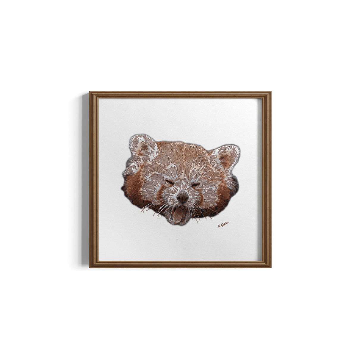 Framed artwork of a red panda face on a white background